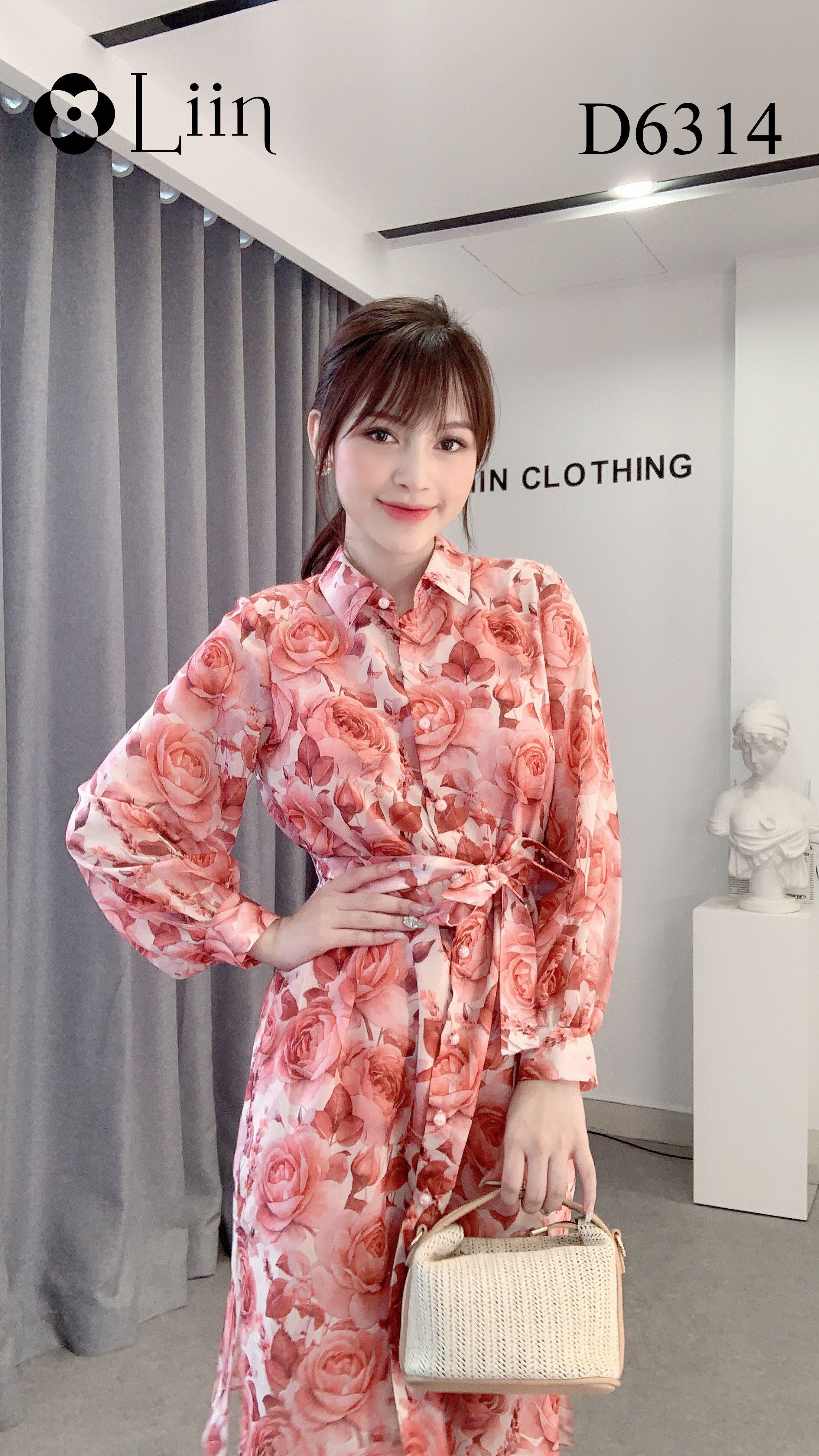 Đầm Sơ Mi nữ cao cấp họa tiết Hoa Hồng xinh xắn Liin Clothing D6314