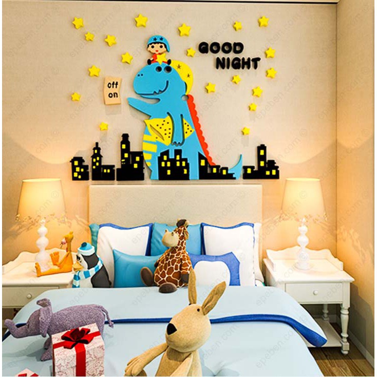 Tranh dán tường mica 3d decor khổ lớn khủng long chúc bé ngủ ngon trang trí mầm non, phòng cho bé Nhiều Size - EPeBen