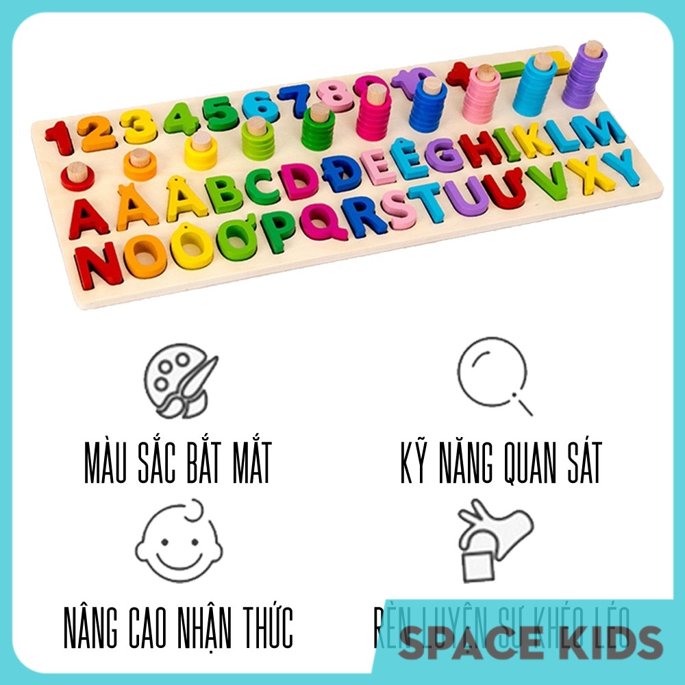 ♥ Đồ chơi gỗ thông minh 3 trong 1 bảng chữ cái tiếng việt, hình khối và cột tính xếp hình cho bé Space Kids ♥