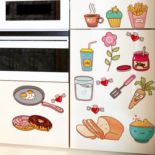 Decal trang trí tường - Thức ăn và dụng cụ bếp có biểu cảm