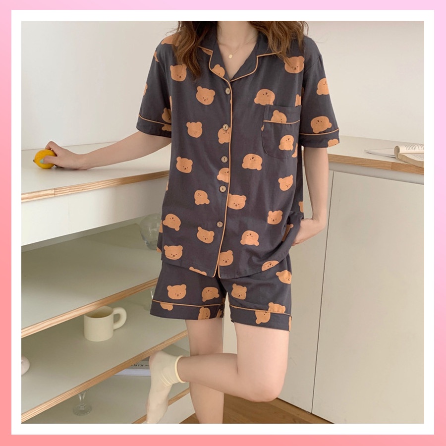 Đồ bộ nữ pijama mặc nhà, bộ ngủ cộc tay vải kate thái thô mềm mùa hè kèm ảnh+ video thật HE07