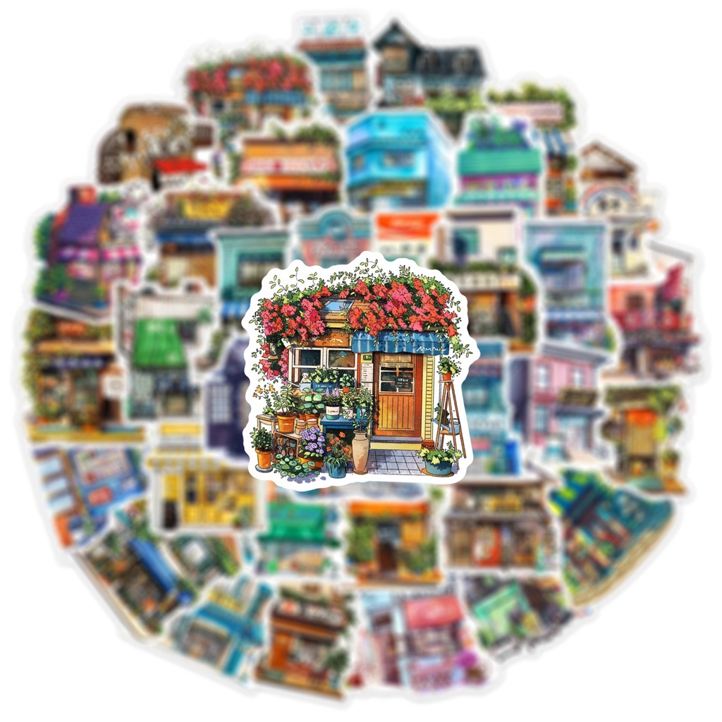 Set 50 chiếc sticker chống nước NGÔI NHÀ ĐƯỜNG PHỐ NHẬT BẢN dán mũ bảo hiểm, vali, laptop, xe máy, đàn guitar - Tanpopo