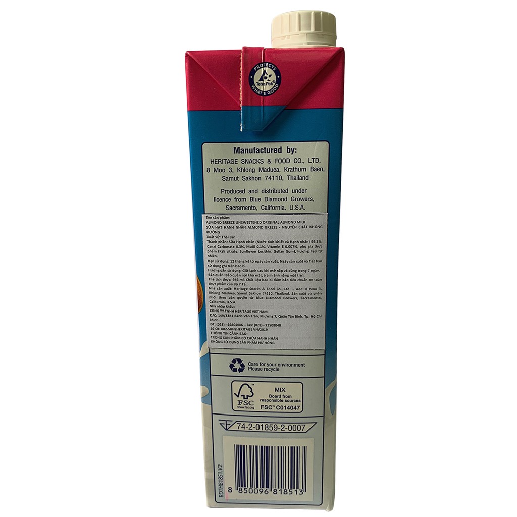Sữa hạt hạnh nhân ALMOND BREEZE NGUYÊN CHẤT KHÔNG ĐUỜNG 946ml