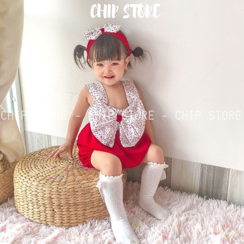 Body bé gái màu đỏ 2 dây phối nơ hoa to trước ngực sang chảnh cho bé sơ sinh - 1 tuổi CHIP STORE