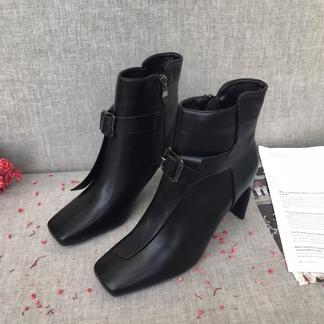 Giày boot nữ da mềm 2021 B SHOES, boot thấp cổ lót nỉ khóa kéo, mũi vuông, thắt đai siêu thời trang, gót mảnh lạ mắt B13