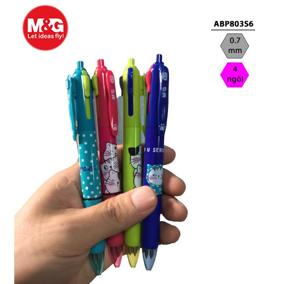 Bút bi hình mèo cute 4 màu mực chính hãng M&G ABP 803S6 0.7mm viết cực kỳ êm trơn