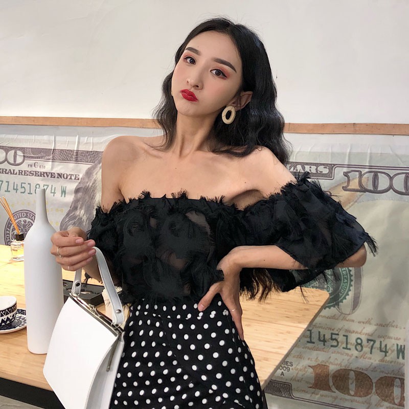 (Order) Áo sơ my trễ vai croptop / Áo lông vũ