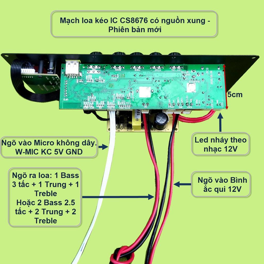 Mạch loa kéo CS8676 có nguồn xung – Bluetooth Karaoke Guitar điện – cho loa kéo 3 tấc đơn hoặc 2.5 tấc đôi