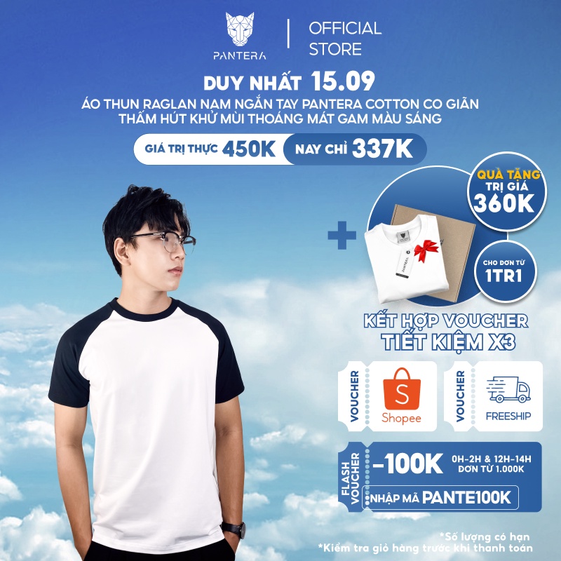 Áo thun raglan nam ngắn tay PANTERA cotton co giãn thấm hút khử mùi thoáng mát Gam màu sáng