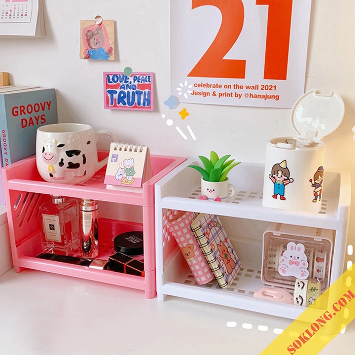 Kệ nhựa caro 2 tầng để bàn K79 Kệ mini 2 tầng đựng đồ tiện dụng, decor, trang trí phong cách hàn quốc