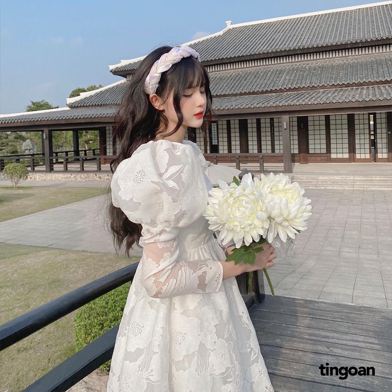 TINGOAN® - Váy tay bồng bóng kính vân hoa trắng 3 lớp vải PRETTY IN ROSÉ DRESS/WH