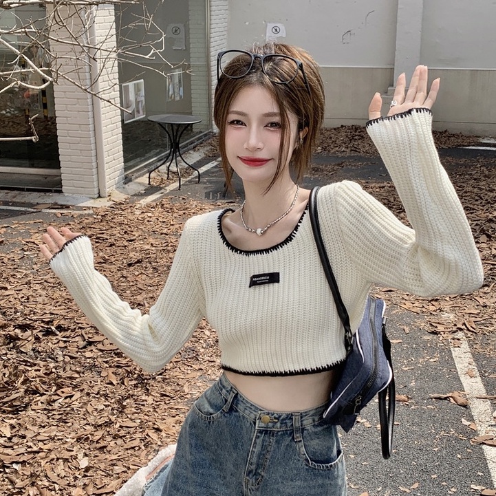 ZHELIHANGFEI Áo Dệt Kim Tay Dài Cổ Vuông Lưng Cao Quyến Rũ Thời Trang Cho Nữ