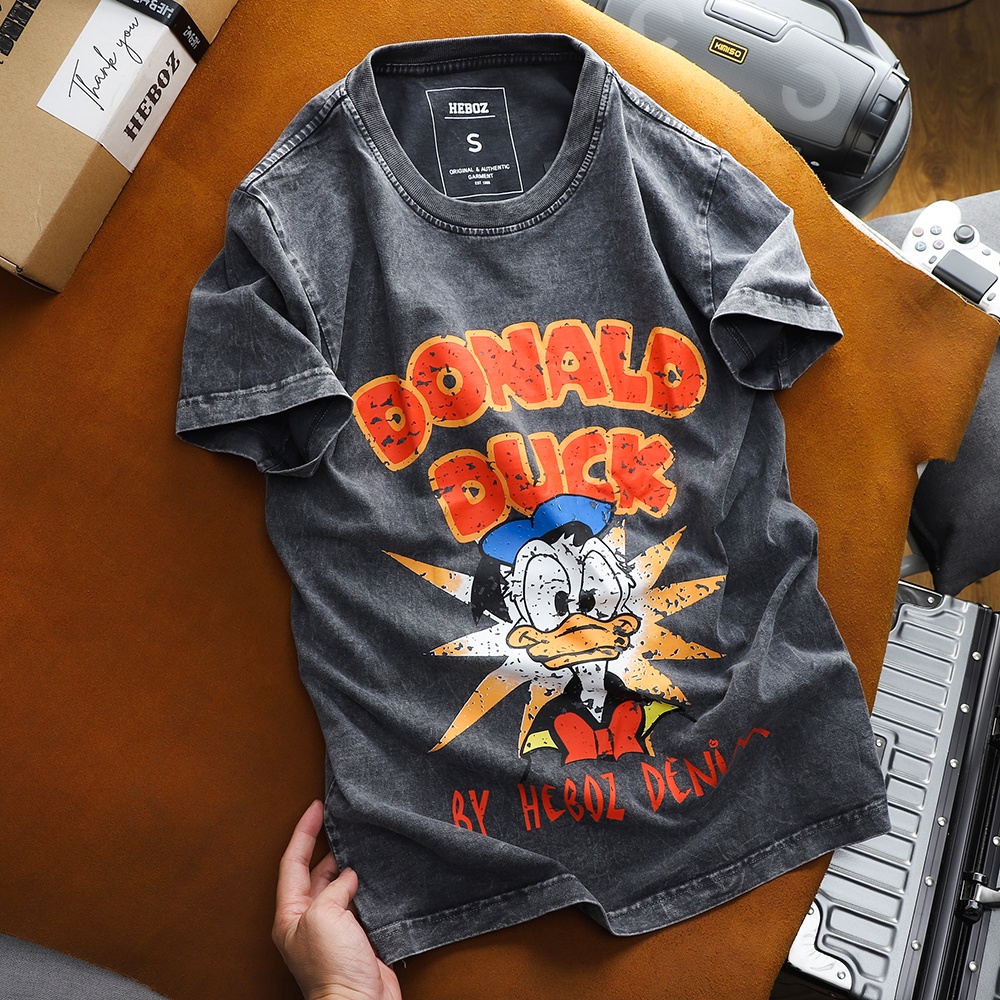 Áo thun nam cổ tròn HEBOZ wash acid Do.nald vải cotton dày dặn, in hình cao cấp 2M - 00001232