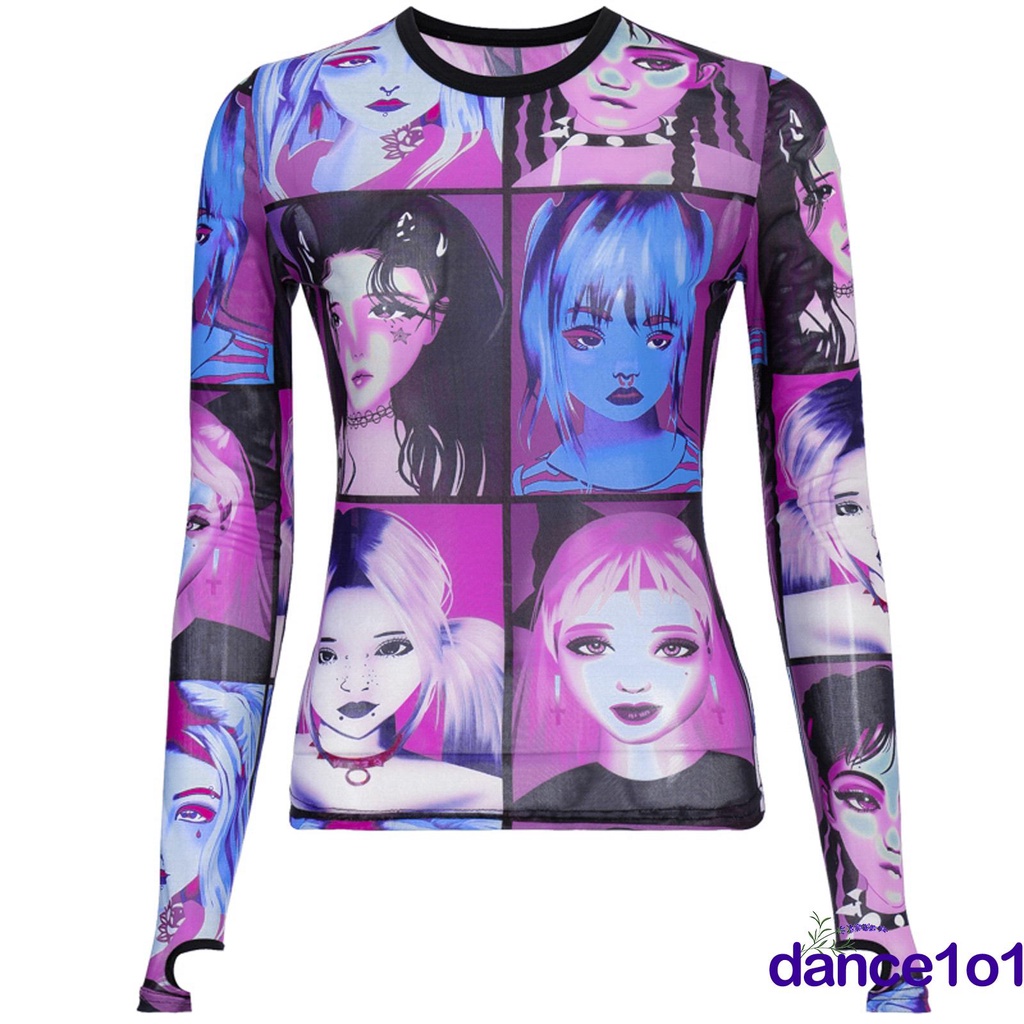 Áo thun nữ ôm tay dài in hình khuôn mặt người nhiều màu