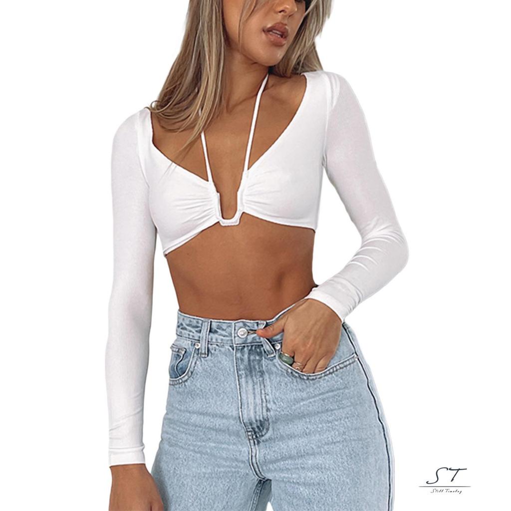 Áo Lửng Tay Dài Màu Trơn Thiết Kế Khoét Lỗ Hở Rốn Thời Trang Dành Cho Nữ