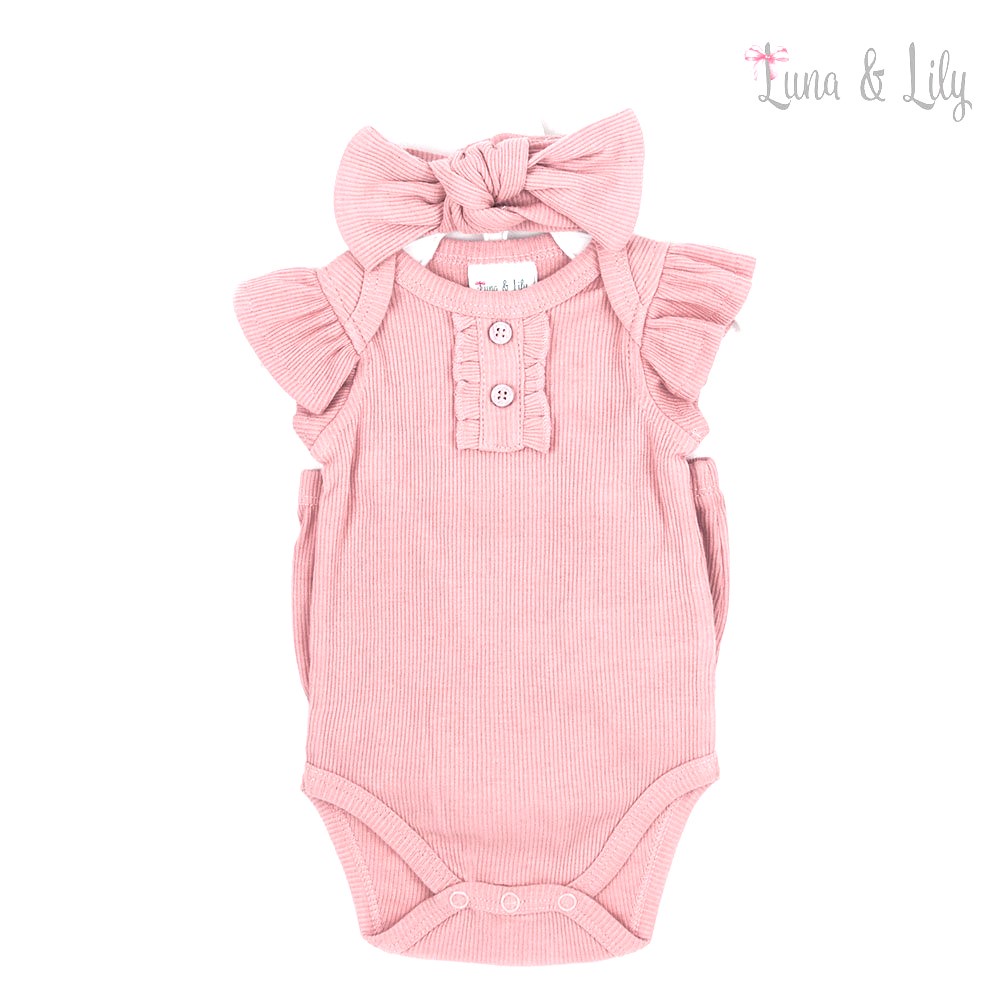 Bộ 3 món bodysuit bộ liền thân, quần đùi và băng đô vải thun gân co giãn màu hồng Mother’s Choice – kèm móc IT3563