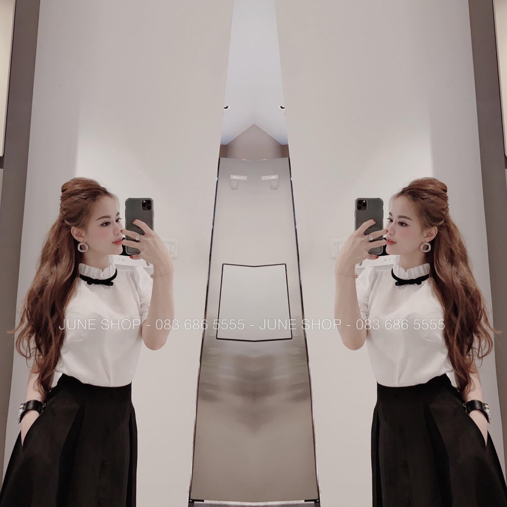 Set áo kiểu nơ + chân váy cúc xoè hottrends