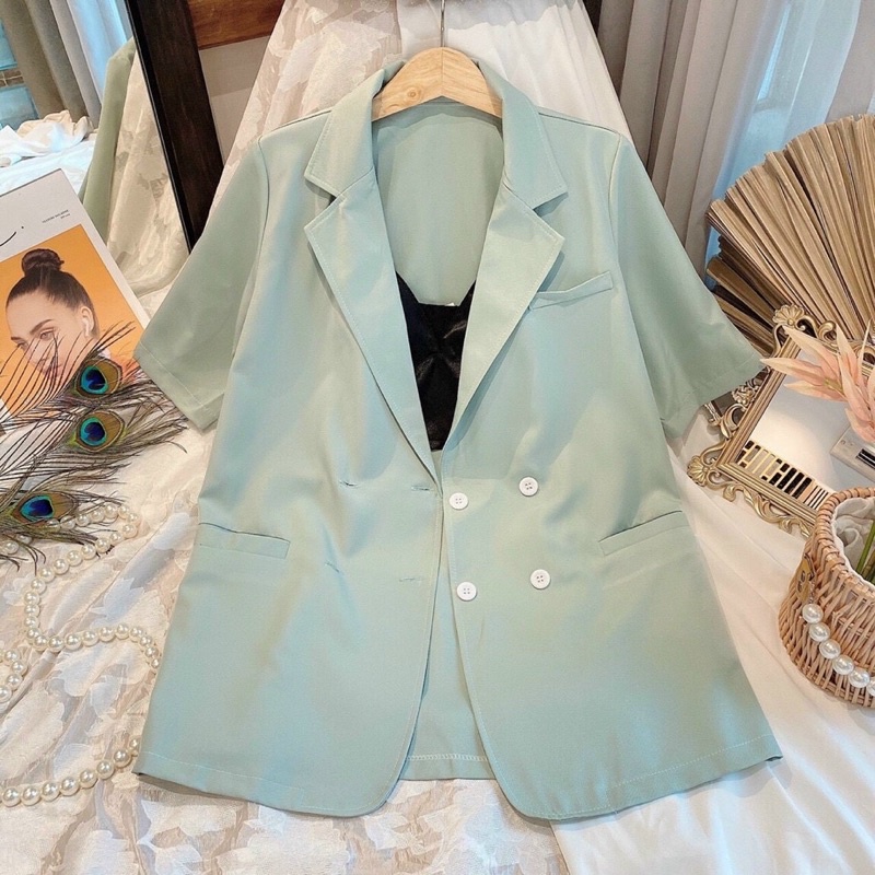 [HÀNG THIẾT KẾ] NV01 Áo vest blazer ngắn tay bốn nút màu xanh min ngọt ngào.