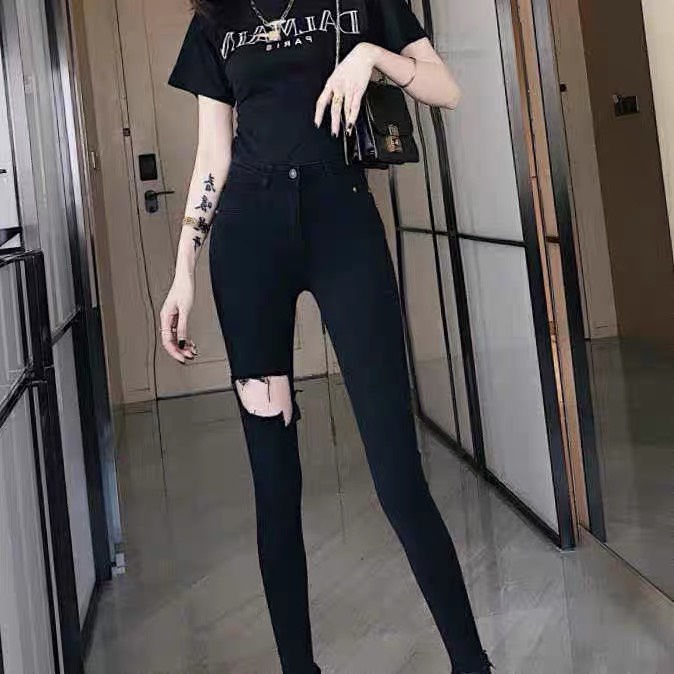 Quần jean dài Bigsize màu đen tuyền lưng cao, rách ngang đùi dành cho 60kg đến 90kg