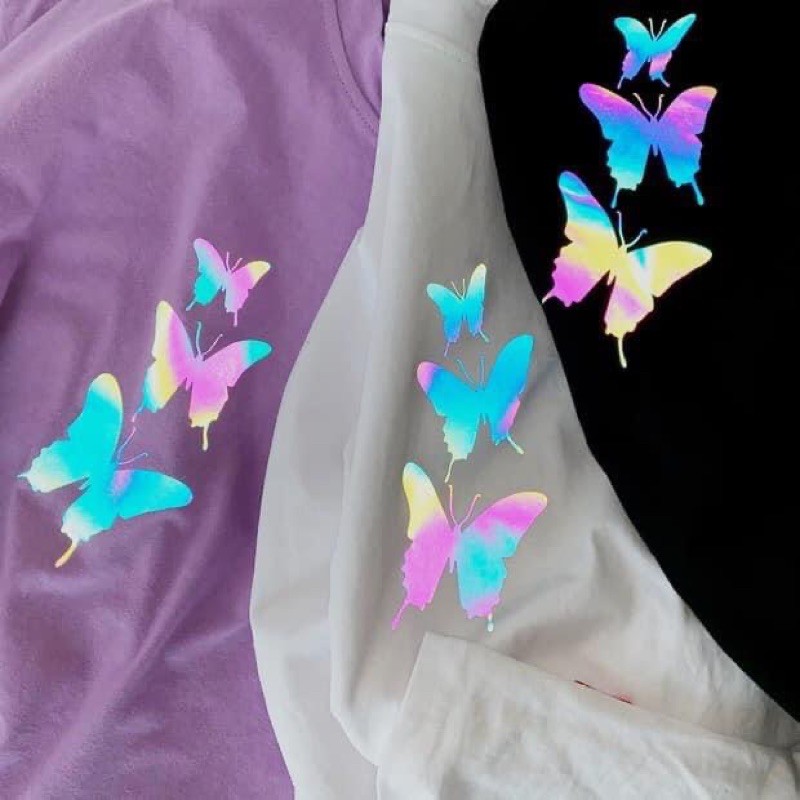 Áo thun unisex 3 cánh bướm phản quang 7 màu - áo phông nam nữ tay lỡ chất đẹp phản quang khi có flash