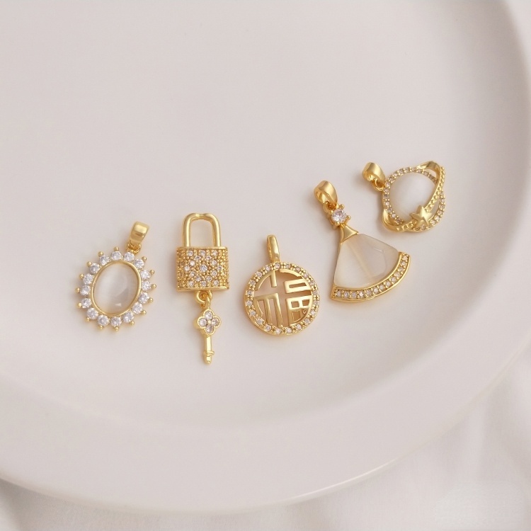 Mặt Dây Chuyền/Móc Khóa Hình Bầu Dục Đính Đá Zircon Mắt Mèo Bằng Đồng Mạ Vàng 18K diy