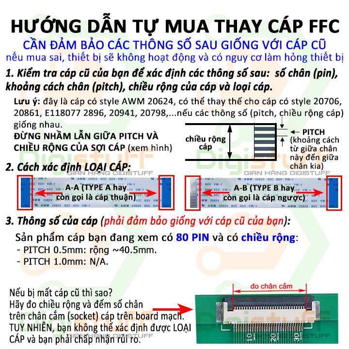 Cáp FFC ( cáp bẹ ) 80 pin AWM 20624 thay cáp laptop Sony và các thiết bị khác có style AWM 20706 AWM 2086