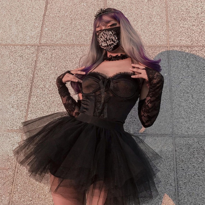 Chân váy xòe vải tuyn màu đen lưng cao phong cách harajuku cổ điển cho nữ