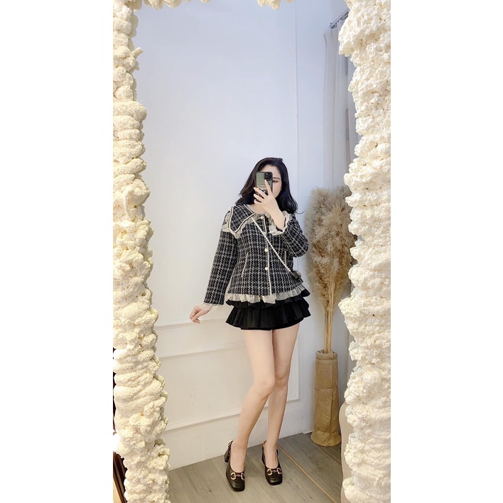 Áo khoác dạ nữ họa tiết caro cổ phối bèo piter sang chảnh Bling Store | BigBuy360 - bigbuy360.vn