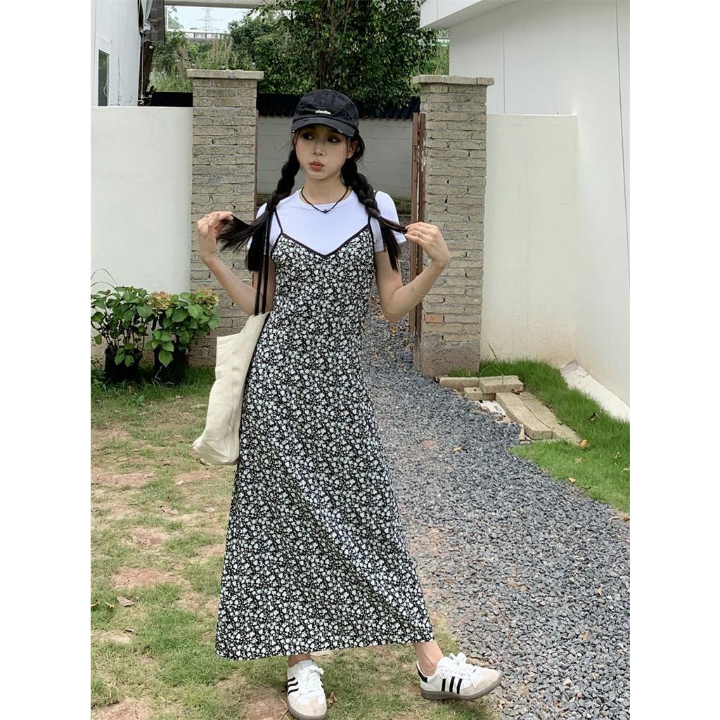 Jumpsuit Hai Dây / Áo Thun Trơn Màu Họa Tiết Hoa Phong Cách Mới 65412