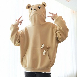 Áo hoodie hình gấu dễ thương-New trendy fashion bear and frog sweater loose autumn and winter couple clothes funny plus