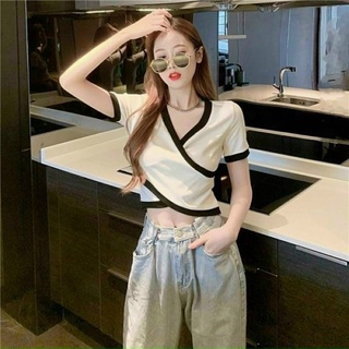 (Xả kho giá gốc) Áo thun kiểu đắp chéo viền đen trắng