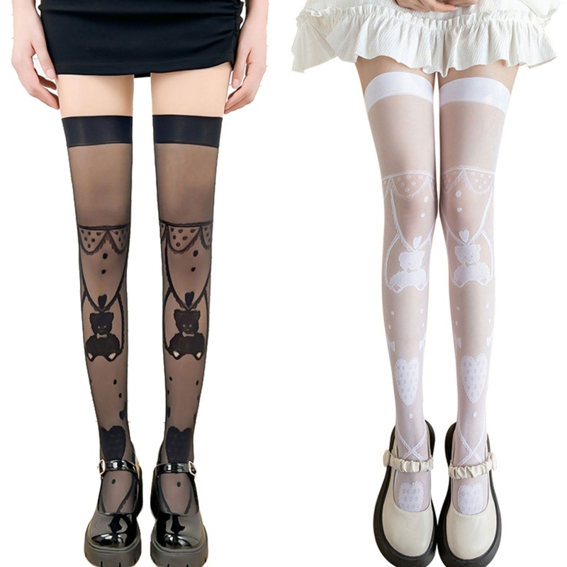 Tất Dài Qua Gối Vải Jacquard Xuyên Thấu Gợi Cảm Phong Cách Lolita