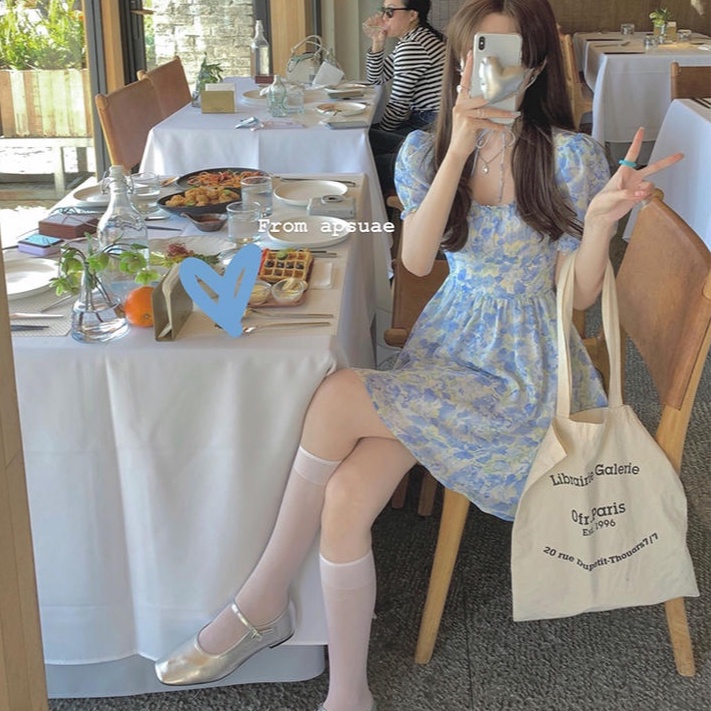 Đầm Chữ A Tay Ngắn Họa Tiết Hoa Xanh Dương 50312