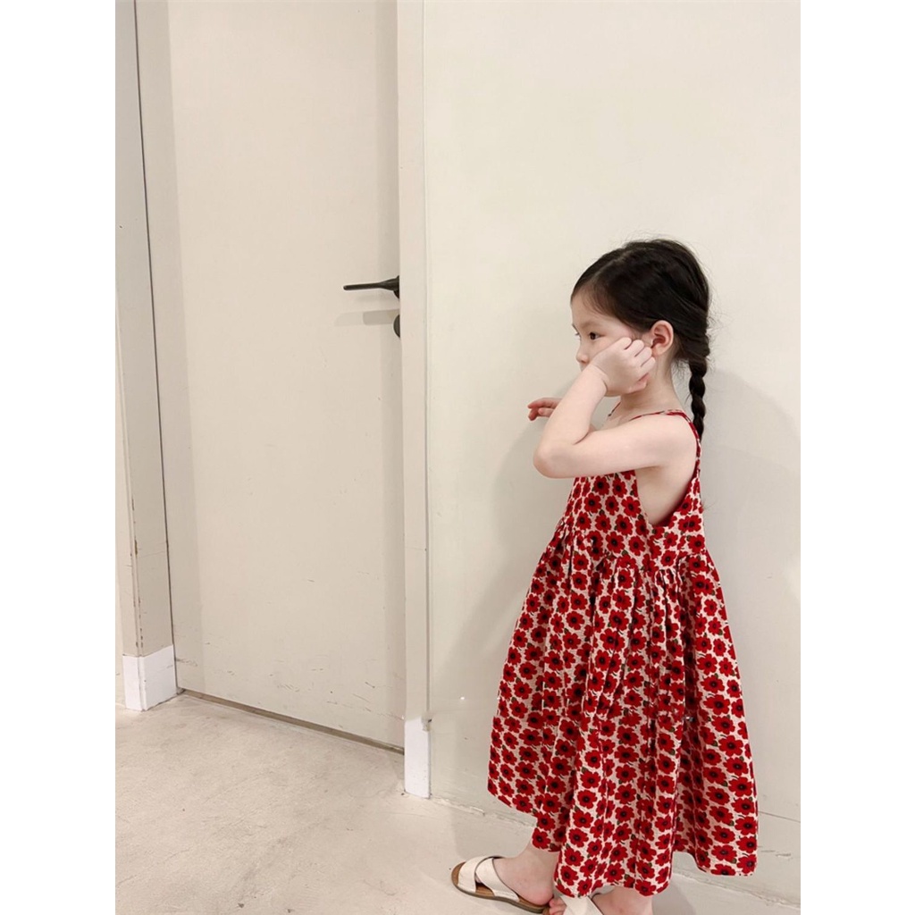 Đầm Mùa Hè Tay Cộc In Họa Tiết Hoa Đỏ Phong Cách Hàn Quốc Hợp Thời Trang Cho Bé Gái 5 Tuổi