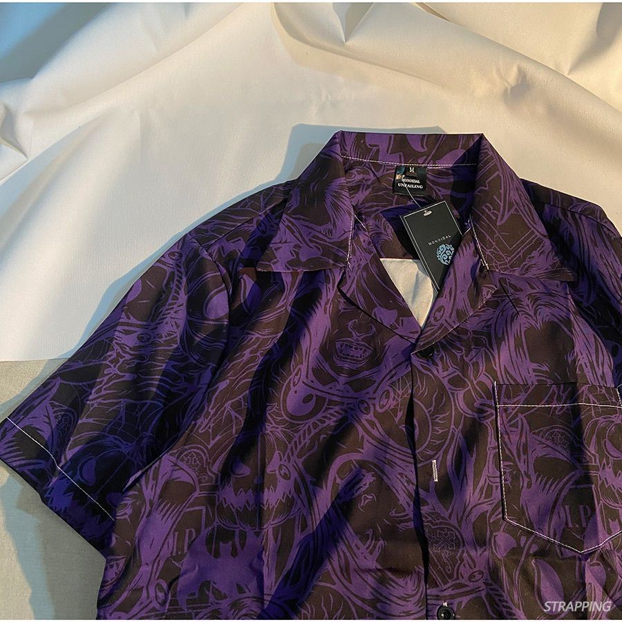 Áo Sơ Mi Tay Ngắn Màu Tím In Họa Tiết Hoa Phong Cách Nhật Bản Thời Trang Cho Nam Và Nữ