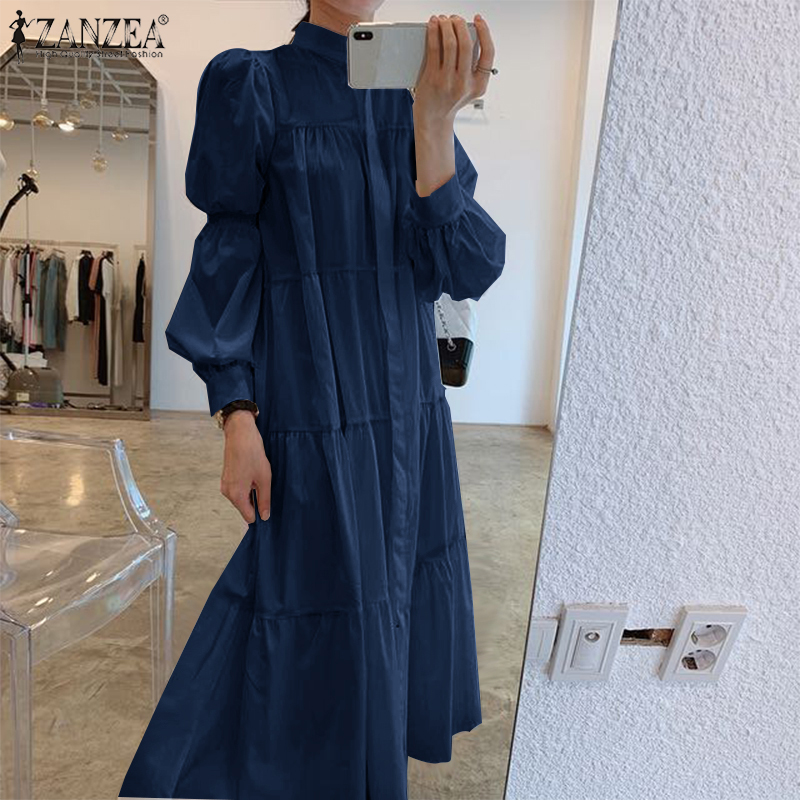  ZANZEA Đầm Nữ Dài Tay Cổ Bẻ Xếp Ly Thời Trang | BigBuy360 - bigbuy360.vn