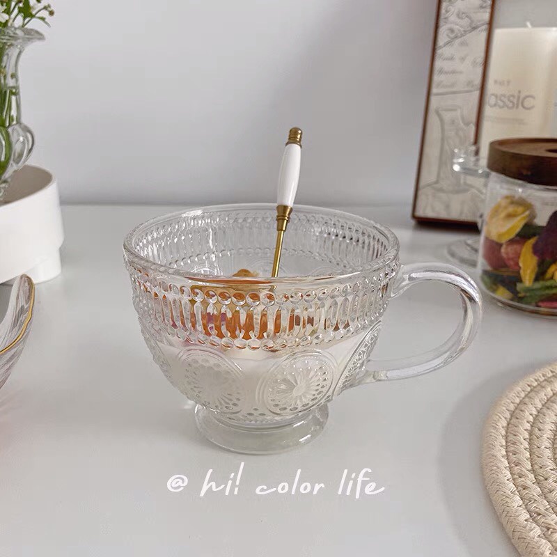 Cốc thuỷ tinh khắc hình hoa hướng dương vintage dùng uống nước trà cafe decor trang trí ly thuỷ tinh giá rẻ MinHome CTT5