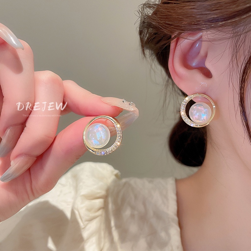 DREJEW Bông Tai Mạ Vàng Bạc Hình Tròn Đính Ngọc Trai Sang Trọng Thời Trang Cho Nữ
