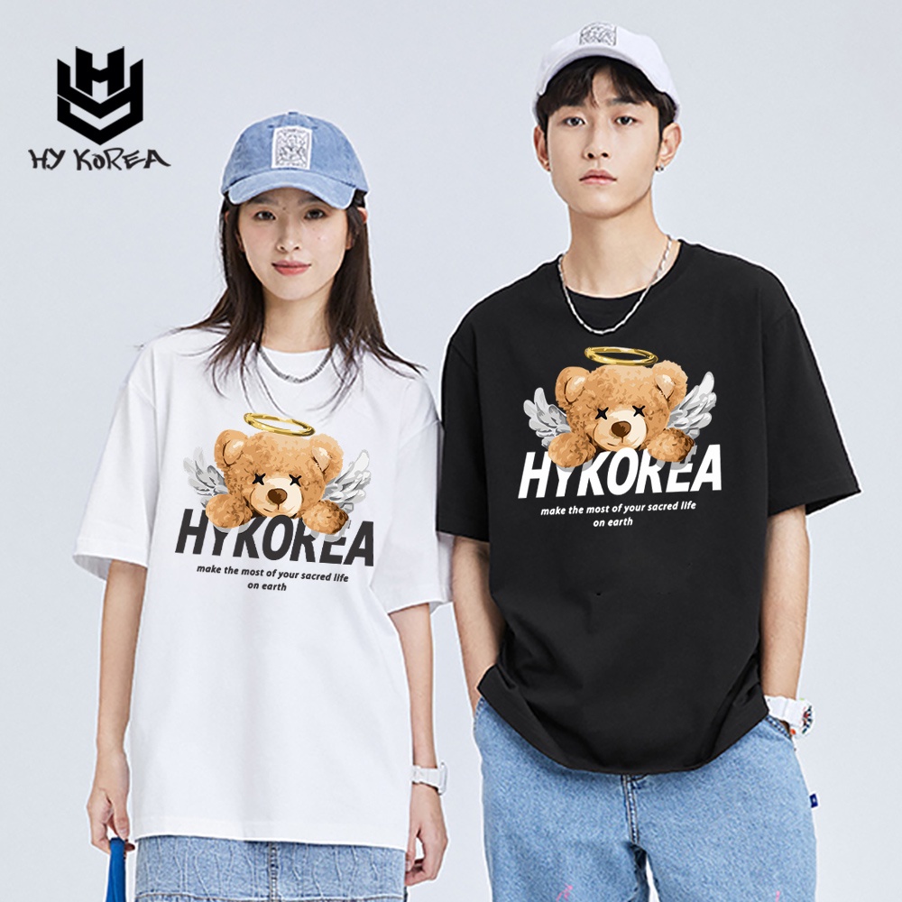 Áo Thun Nam Nữ HY Korea Form Rộng Cotton 100 In Hình Gấu Angle 567.