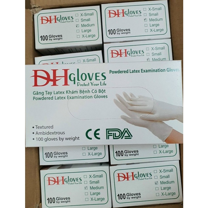 Hộp 50 đôi (100 chiếc) Găng tay cao su y tế ĐH Glove Latex , có bột chính hãng Có Bột Màu Kem 5.0gr - Size S,M,L