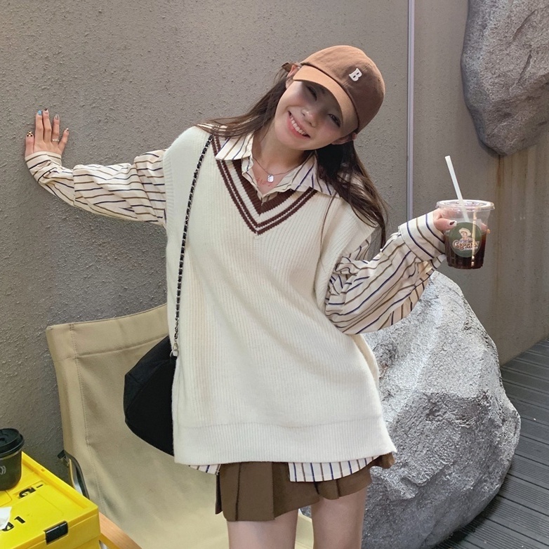 Set Áo Sơ Mi Tay Dài Kẻ Sọc + Áo Vest Dệt Kim Sát Nách Cổ Chữ V Phong Cách Hàn Quốc Mới Cho Nữ