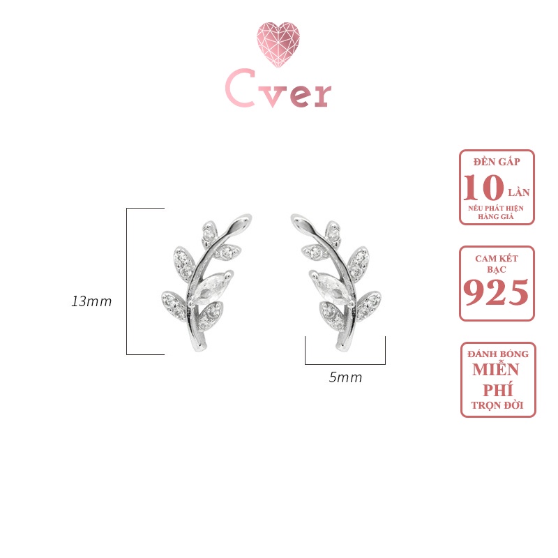 Khuyên tai bạc Cver Silver, bông tai S925 hình cành lá đính đá KT-DA57