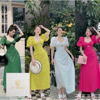 Đầm maxi tay phồng xoắn ngực đi biển