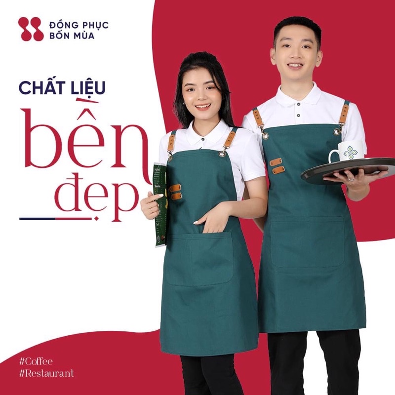 Tạp dề hàng thiết kế cao cấp - Màu xanh, vải kaki phối da có túi rộng tiện lợi - Cho nhân viên phục vụ nam, nữ