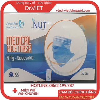 Khẩu Trang Y Tế 4 Lớp NUT cao cấp -Ngăn chặn khói bụi, vi khuẩn, dây thun đeo tai mềm mại, đàn hồi tốt-Hộp 50 cáii
