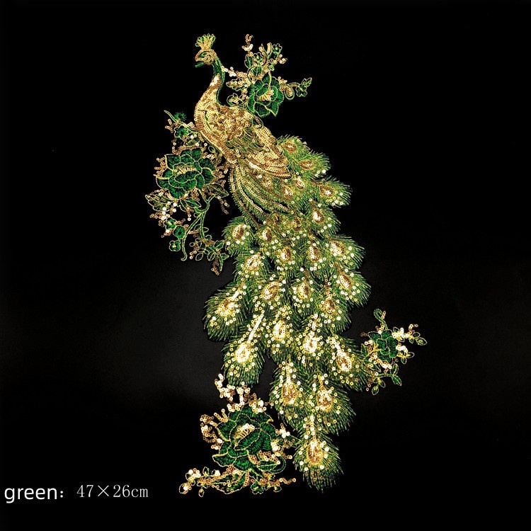 Miếng Dán Ủi Quần Áo Hình Chim Công Đính Kim Sa Lấp Lánh 47 * 26cm