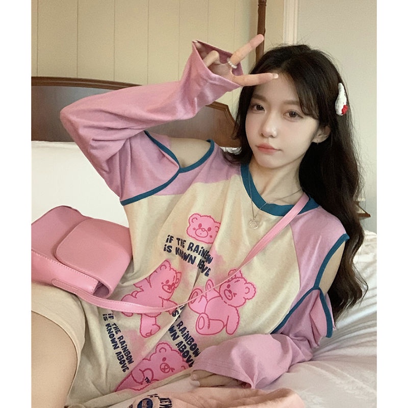 Jiashucheng Áo Thun Dáng Dài Vừa Phải Màu Tương Phản Hở Vai Phong Cách Mới Mùa Hè Cho Nữ @