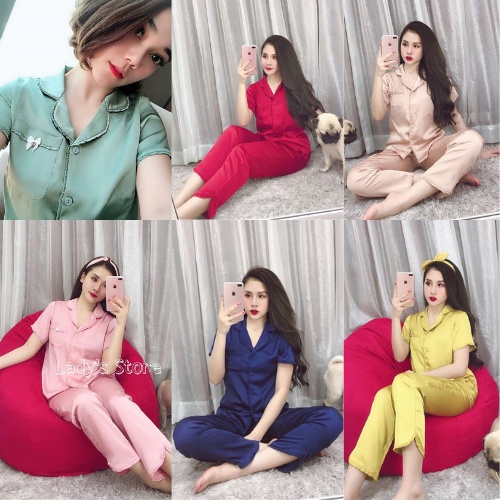 Đồ ngủ nữ cao cấp piyjama áo cộc-quần dài chất liệu lụa satin mềm đẹp thiết kế thời trang siêu rẻ