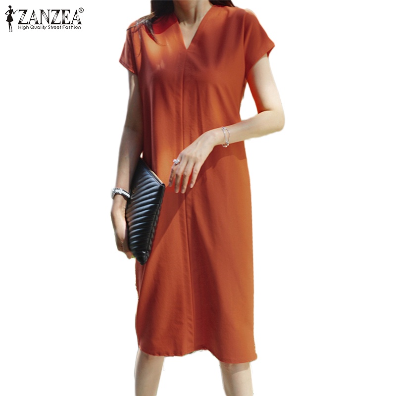 Đầm midi ZANZEA vải cotton màu trơn cổ chữ V thời trang cho nữ
