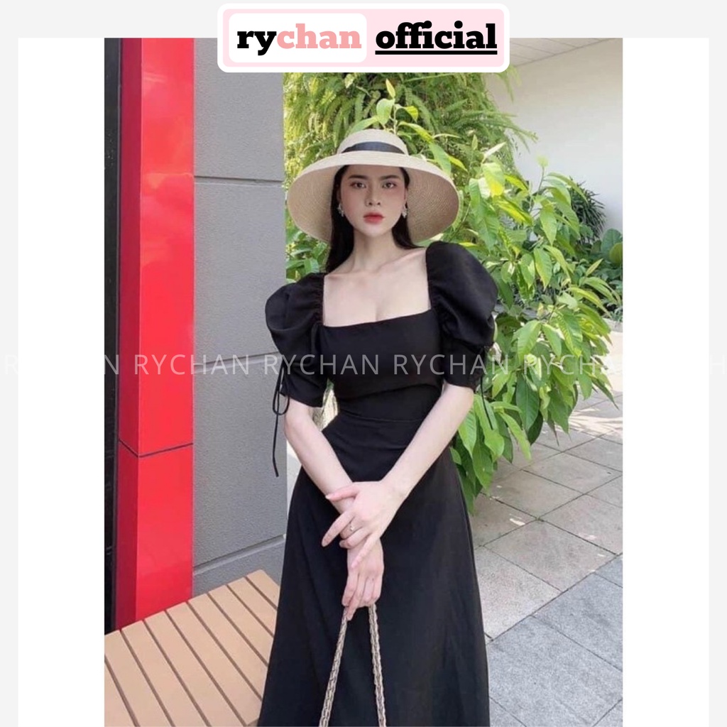 Đầm Đi Chơi Dáng Dài Xòe Cổ Vuông Tay Lửng Rút Bo Eo Khí Chất Màu Đỏ Kem Trắng Đen [ẢNH THẬT CUỐI] - DX9812